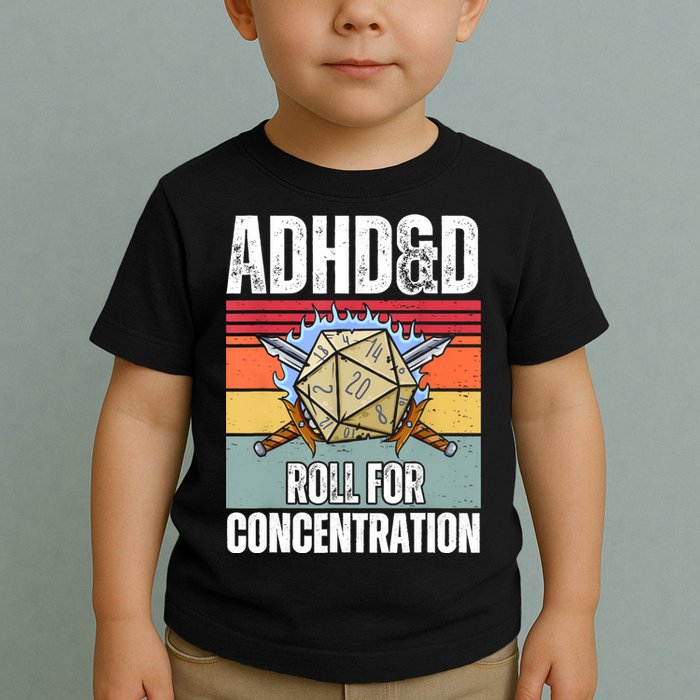 Retro Vintage ADHD&D Roll For Concentration Funny Gamer Toddler T-Shirt