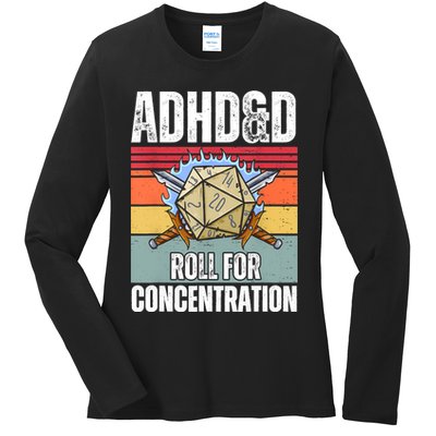 Retro Vintage ADHD&D Roll For Concentration Funny Gamer Ladies Long Sleeve Shirt
