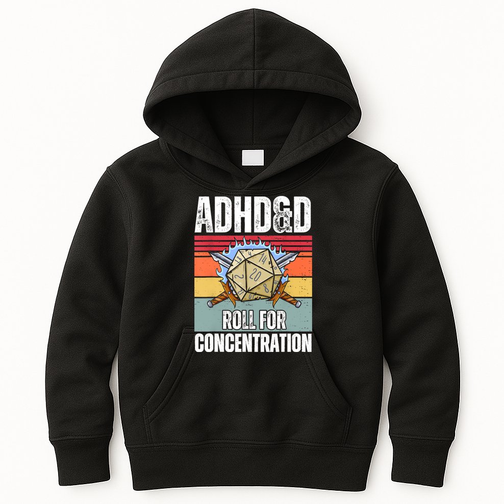 Retro Vintage ADHD&D Roll For Concentration Funny Gamer Kids Hoodie
