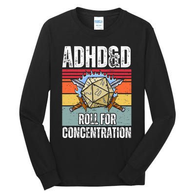 Retro Vintage Adhd&D Roll For Concentration Funny Gamer Tall Long Sleeve T-Shirt