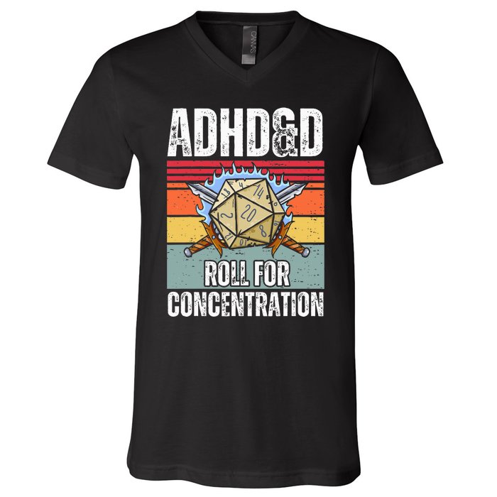 Retro Vintage ADHD&D Roll For Concentration Funny Gamer V-Neck T-Shirt