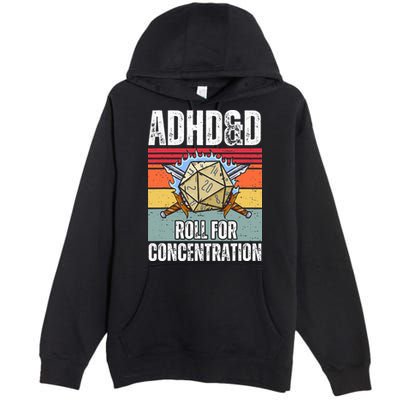 Retro Vintage ADHD&D Roll For Concentration Funny Gamer Premium Pullover Hoodie