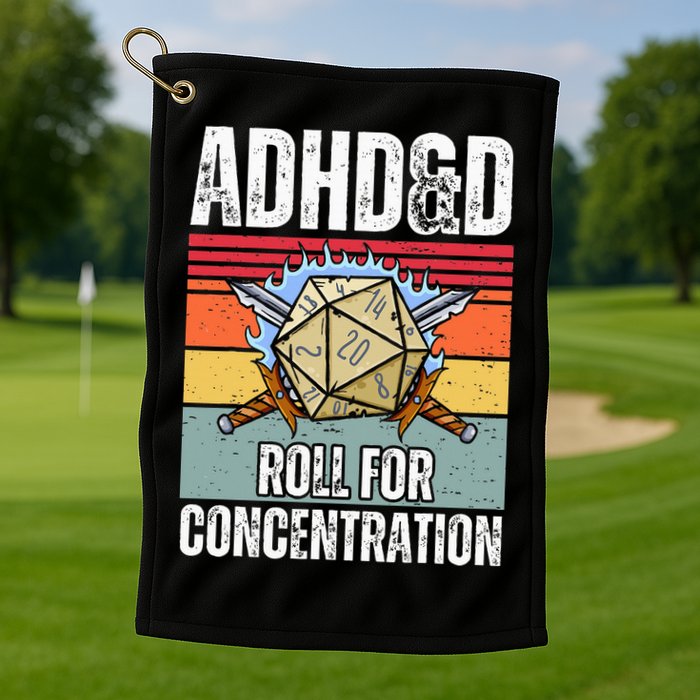 Retro Vintage ADHD&D Roll For Concentration Funny Gamer Golf Towel