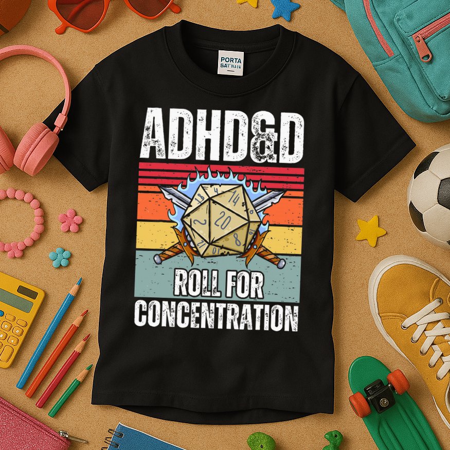 Retro Vintage ADHD&D Roll For Concentration Funny Gamer Kids T-Shirt