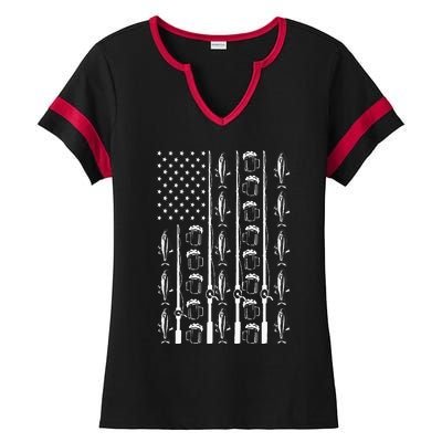 Retro Vintage American Flag 4th Of July Beer And Fishing Ladies Halftime Notch Neck Tee