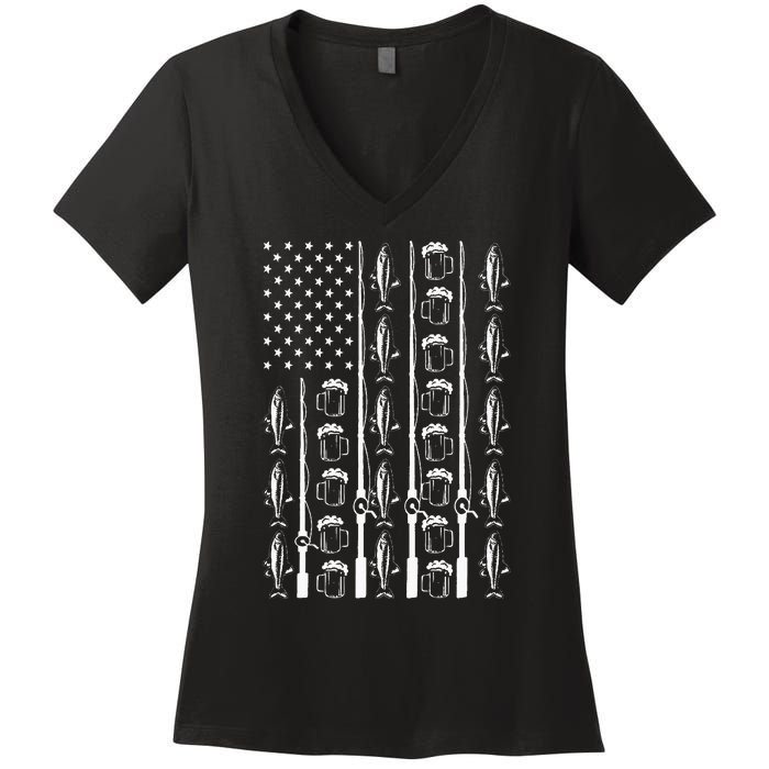 Retro Vintage American Flag 4th Of July Beer And Fishing Women's V-Neck T-Shirt