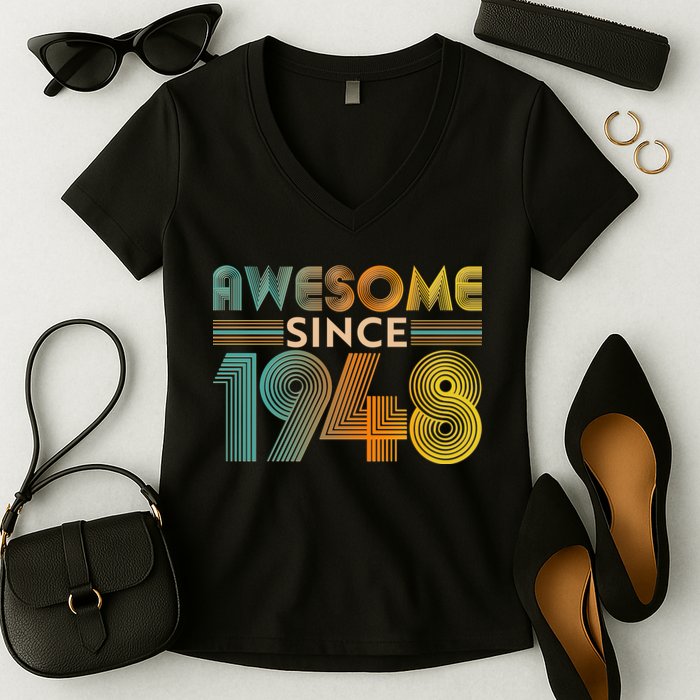 Retro Vintage Awesome Since 1948 Birthday Women's V-Neck T-Shirt