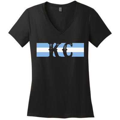 Retro Vintage Blue Stripes Kc Kansas City Women's V-Neck T-Shirt