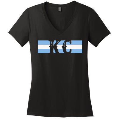 Retro Vintage Blue Stripes Kc Kansas City Women's V-Neck T-Shirt