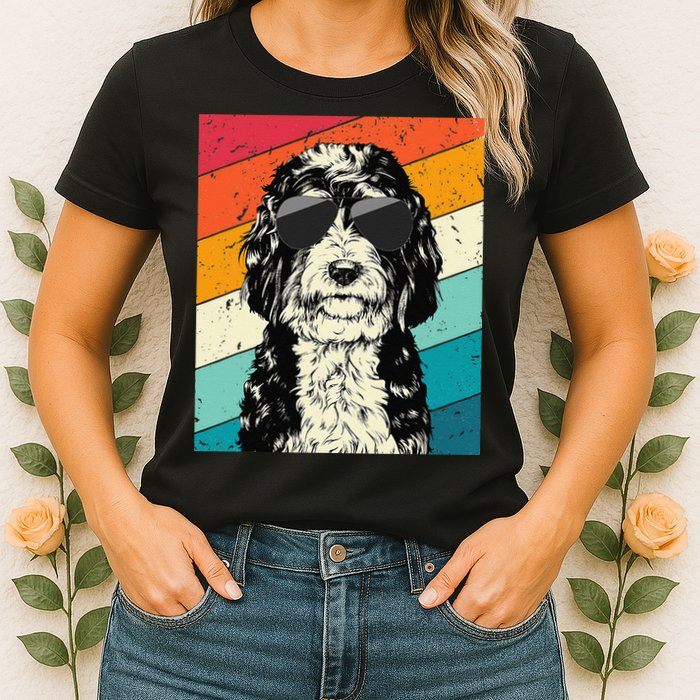 Retro Vintage Bernedoodle With Sunglasses Dog Lovers Womens T-Shirt
