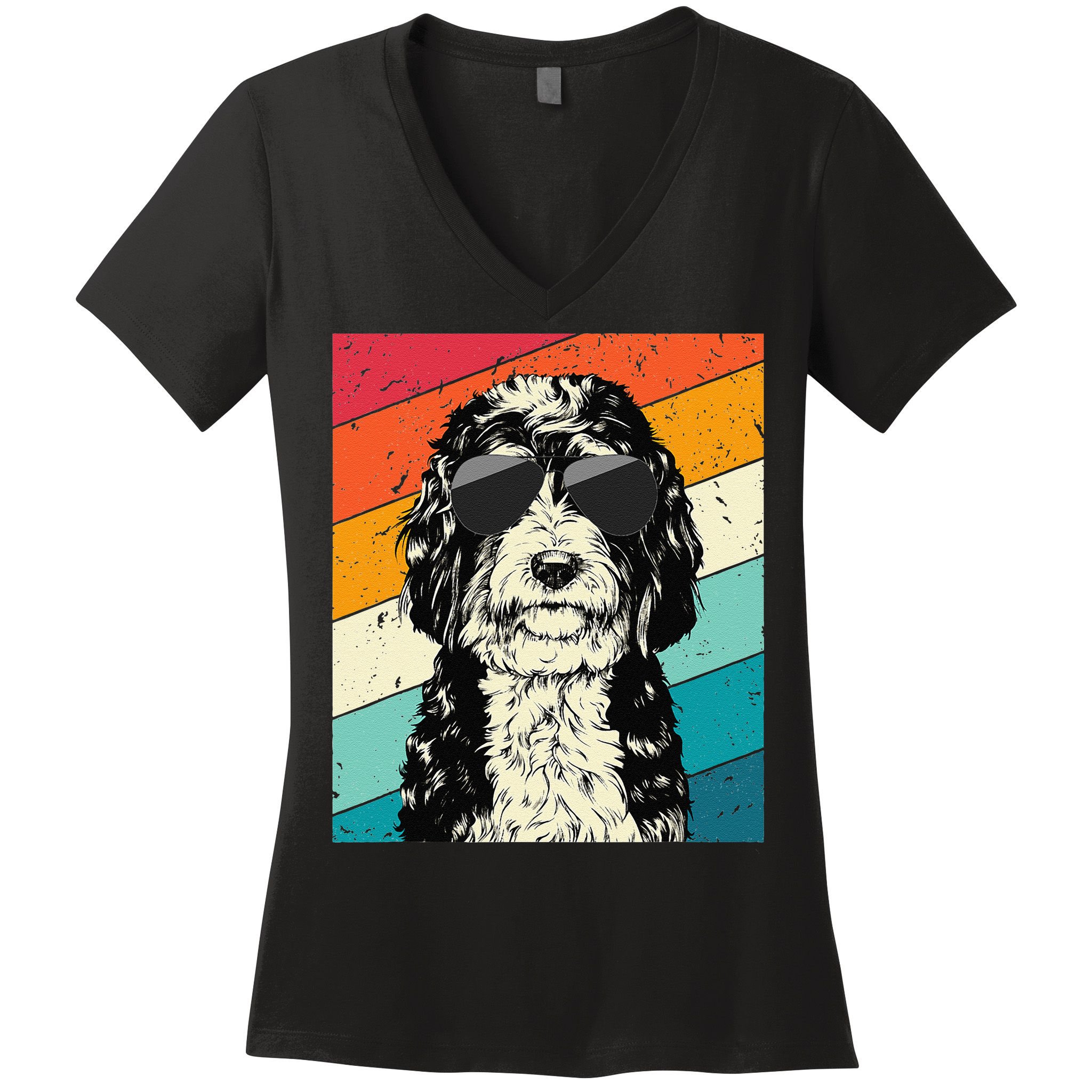 Retro Vintage Bernedoodle With Sunglasses Dog Lovers Women's V-Neck T-Shirt