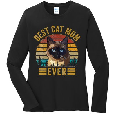 Retro Vintage Best Cat Mom Ever Mothers Day Siamese Cat Cute Ladies Long Sleeve Shirt
