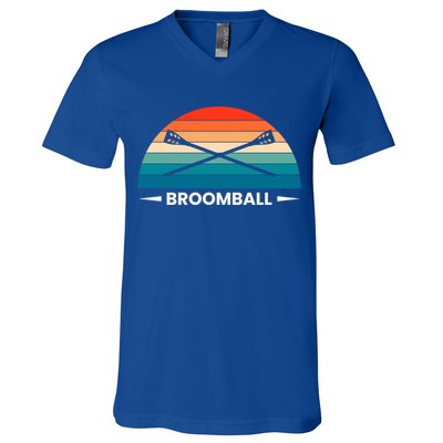 Retro Vintage Broomball Player Faceoff Ball Broom Hockey Cute Gift V-Neck T-Shirt