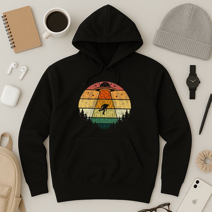 Retro Vintage Bigfoot Ufo Abduction Funny Sasquatch Aliens Hoodie