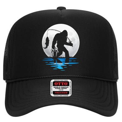 Retro Vintage Bigfoot Sasquatch Fishing Lover Fan Fisher High Crown Mesh Back Trucker Hat