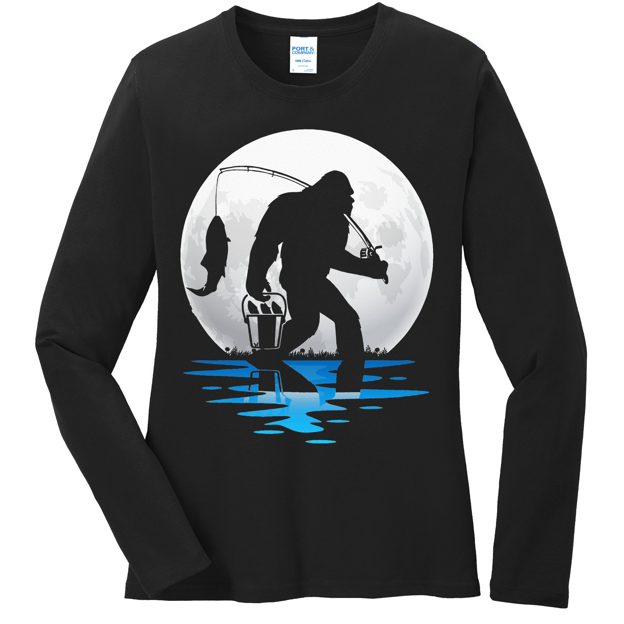 Retro Vintage Bigfoot Sasquatch Fishing Lover Fan Fisher Ladies Long Sleeve Shirt