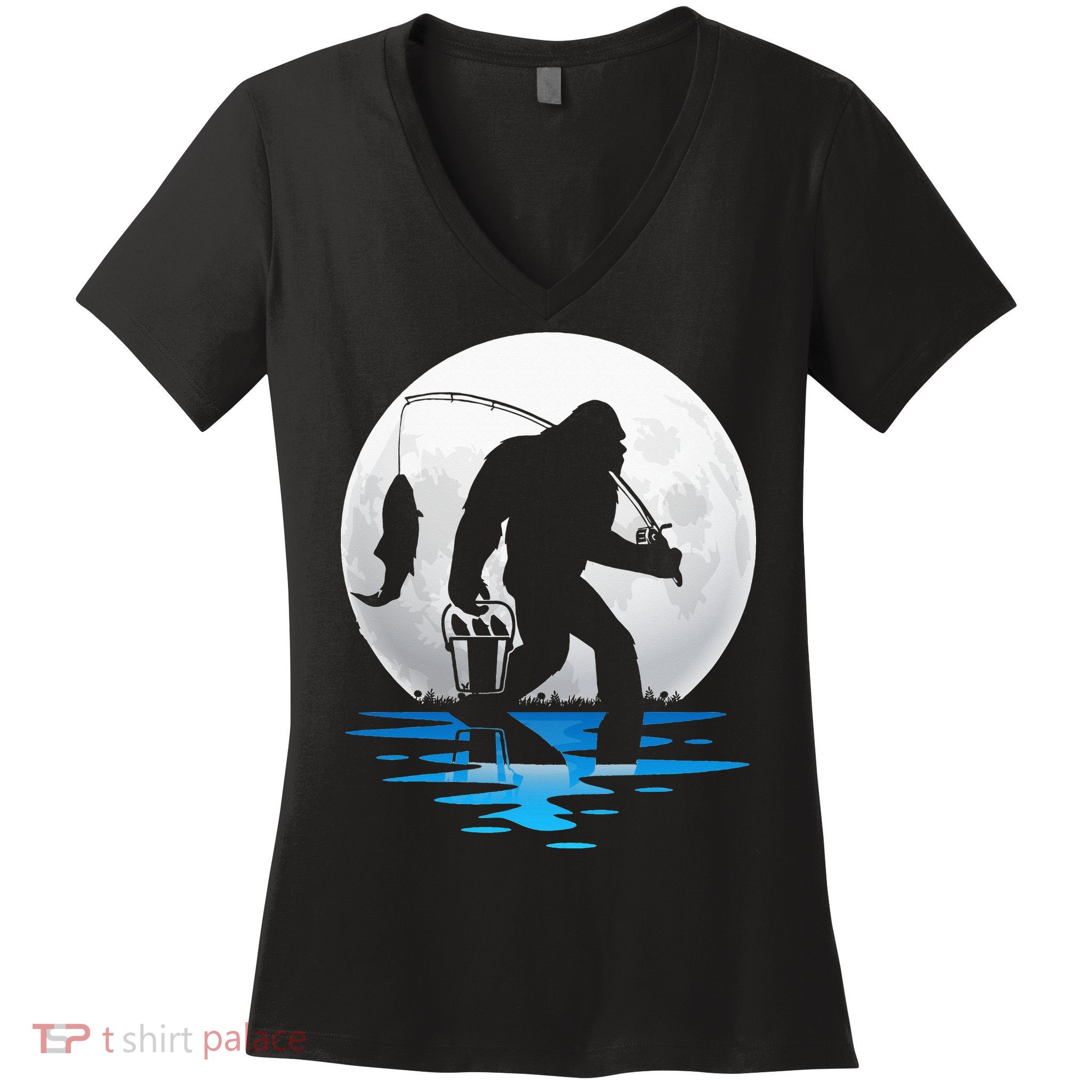 Retro Vintage Bigfoot Sasquatch Fishing Lover Fan Fisher Women's V-Neck T-Shirt
