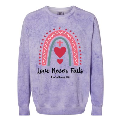 Religious Valentines Christian Love Never Fails Rainbow Gift Colorblast Crewneck Sweatshirt