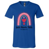 Religious Valentines Christian Love Never Fails Rainbow Gift V-Neck T-Shirt