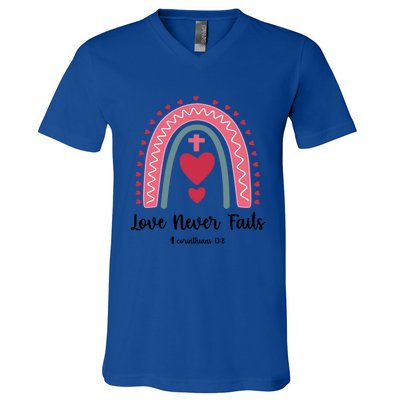 Religious Valentines Christian Love Never Fails Rainbow Gift V-Neck T-Shirt