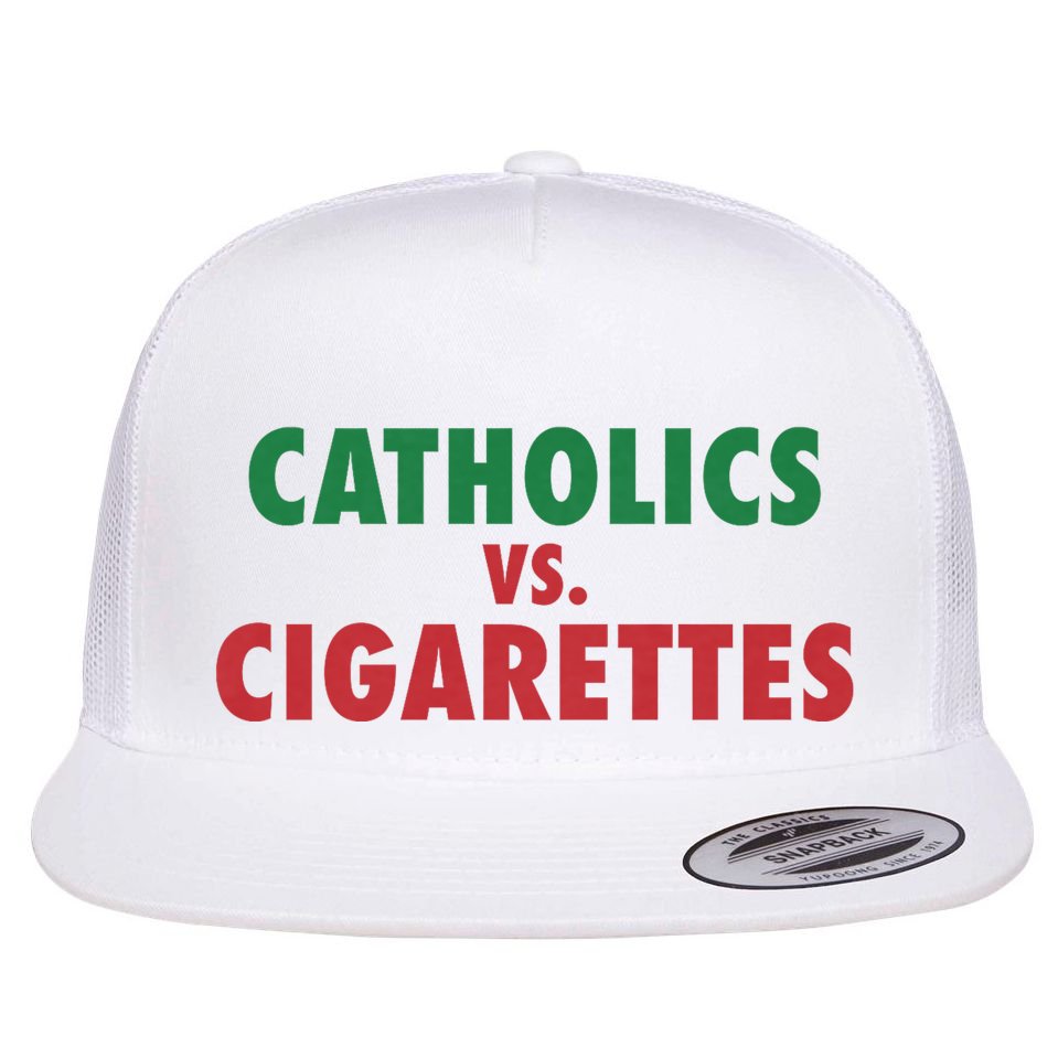 Retro Vintage Catholics Vs Cigarettes Funny Saying Flat Bill Trucker Hat