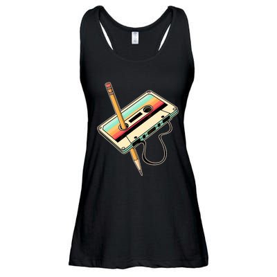 Retro Vintage Cassette Tape Pencil 70s 80s 90s Music Mixtape Ladies Essential Flowy Tank