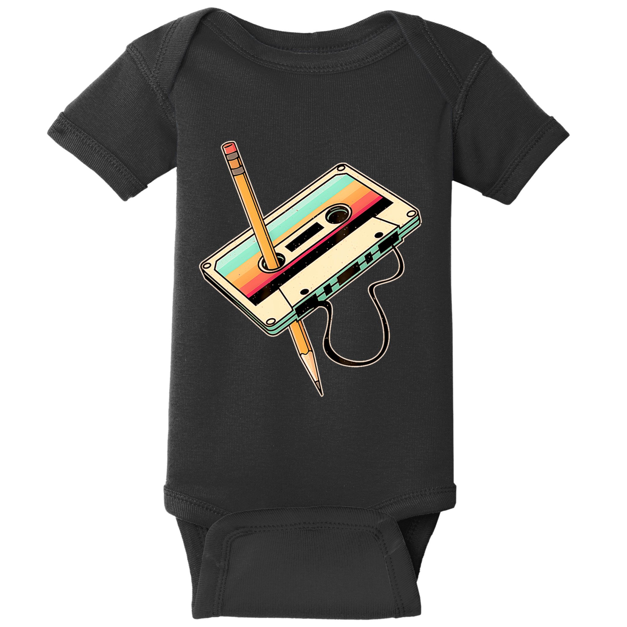 Retro Vintage Cassette Tape Pencil 70s 80s 90s Music Mixtape Baby Bodysuit