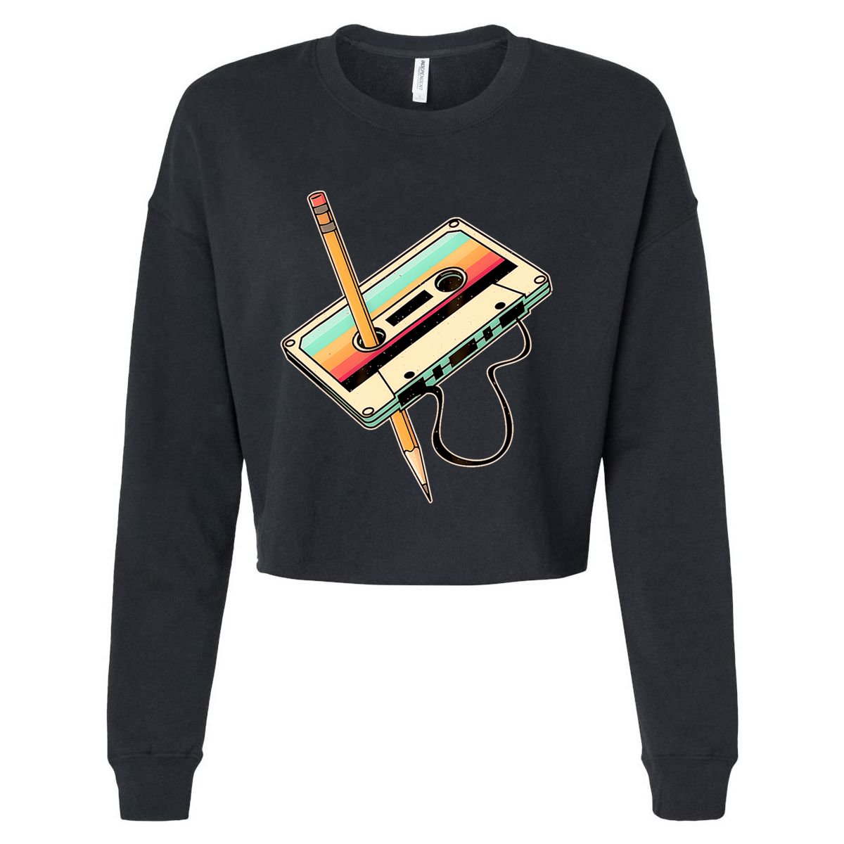 Retro Vintage Cassette Tape Pencil 70s 80s 90s Music Mixtape Cropped Pullover Crew