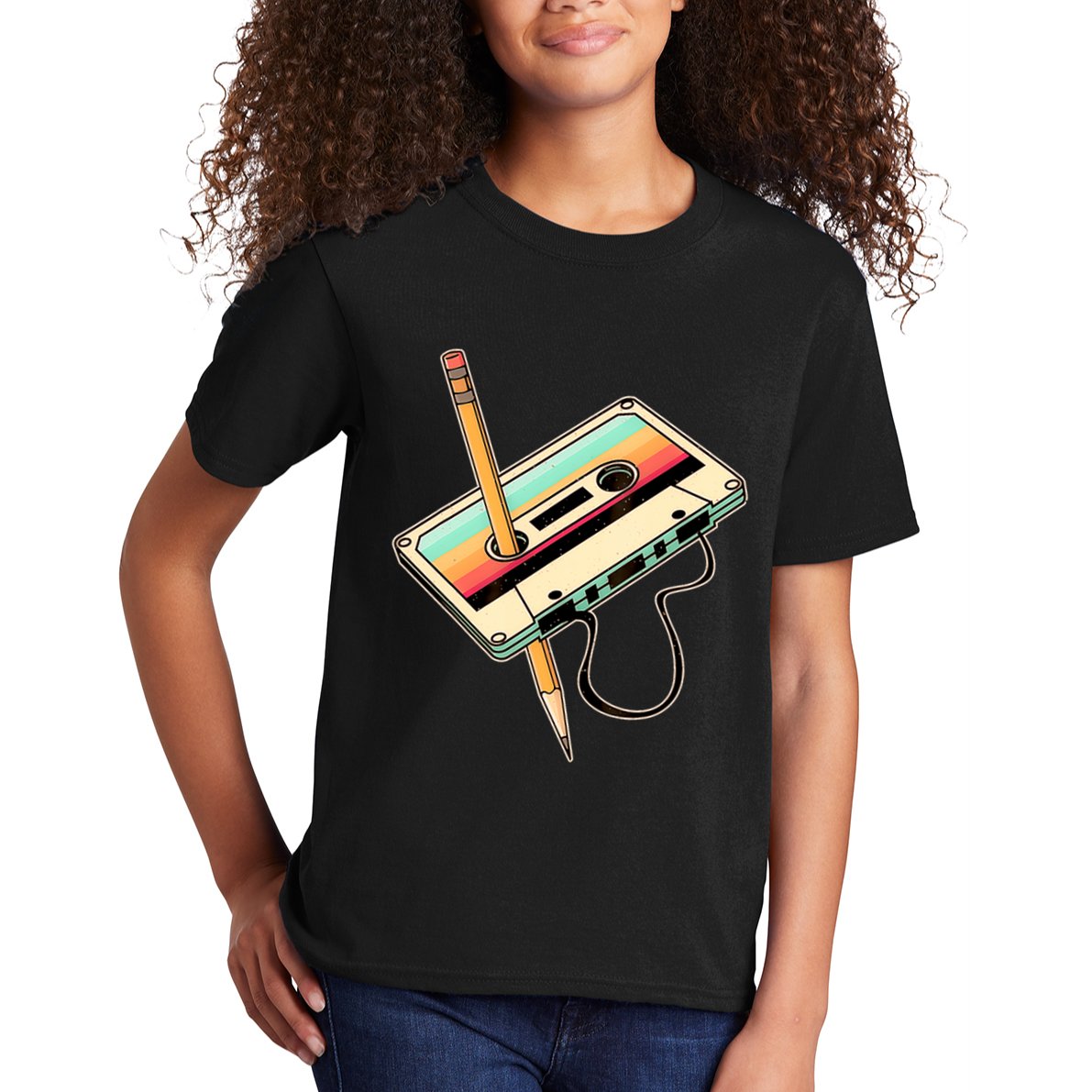 Retro Vintage Cassette Tape Pencil 70s 80s 90s Music Mixtape Kids T-Shirt