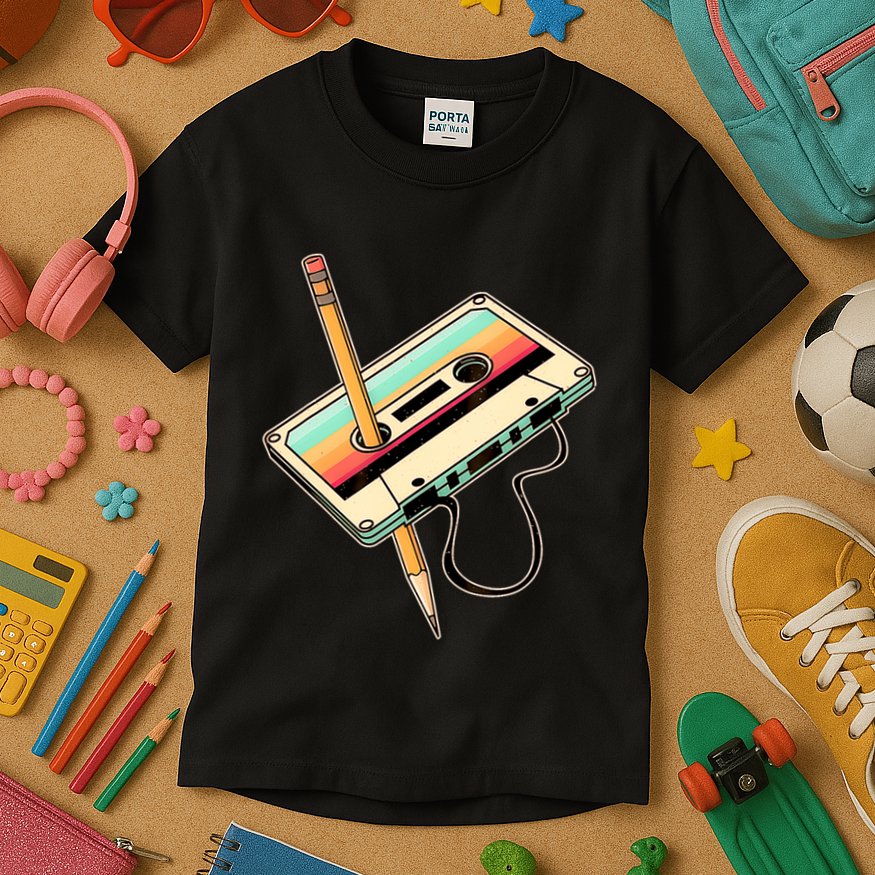 Retro Vintage Cassette Tape Pencil 70s 80s 90s Music Mixtape Kids T-Shirt