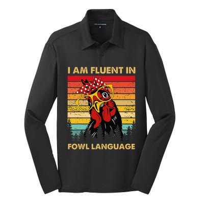 Retro Vintage Chicken Funny I Am Fluent Fowl Language Silk Touch Performance Long Sleeve Polo