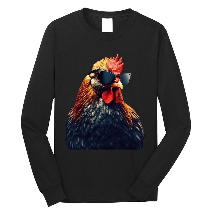 Retro Vintage Chicken Cool Rooster Wearing Sunglasses Long Sleeve Shirt