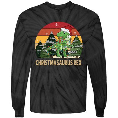 Retro Vintage Christmasaurus Rex Dinosaur Merry Christmas Tie-Dye Long Sleeve Shirt