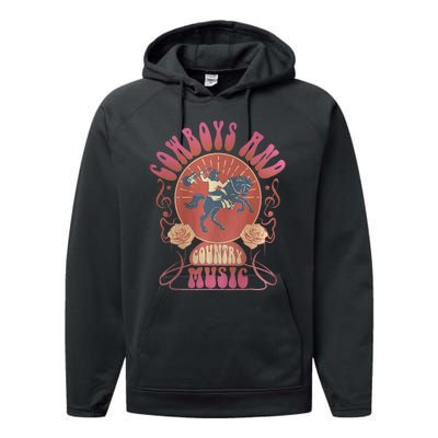 Retro Vintage Cow And Country Music Western Cowgirl Performance Fleece Hoodie