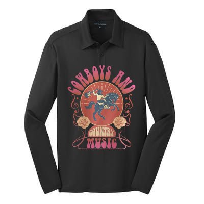 Retro Vintage Cow And Country Music Western Cowgirl Silk Touch Performance Long Sleeve Polo