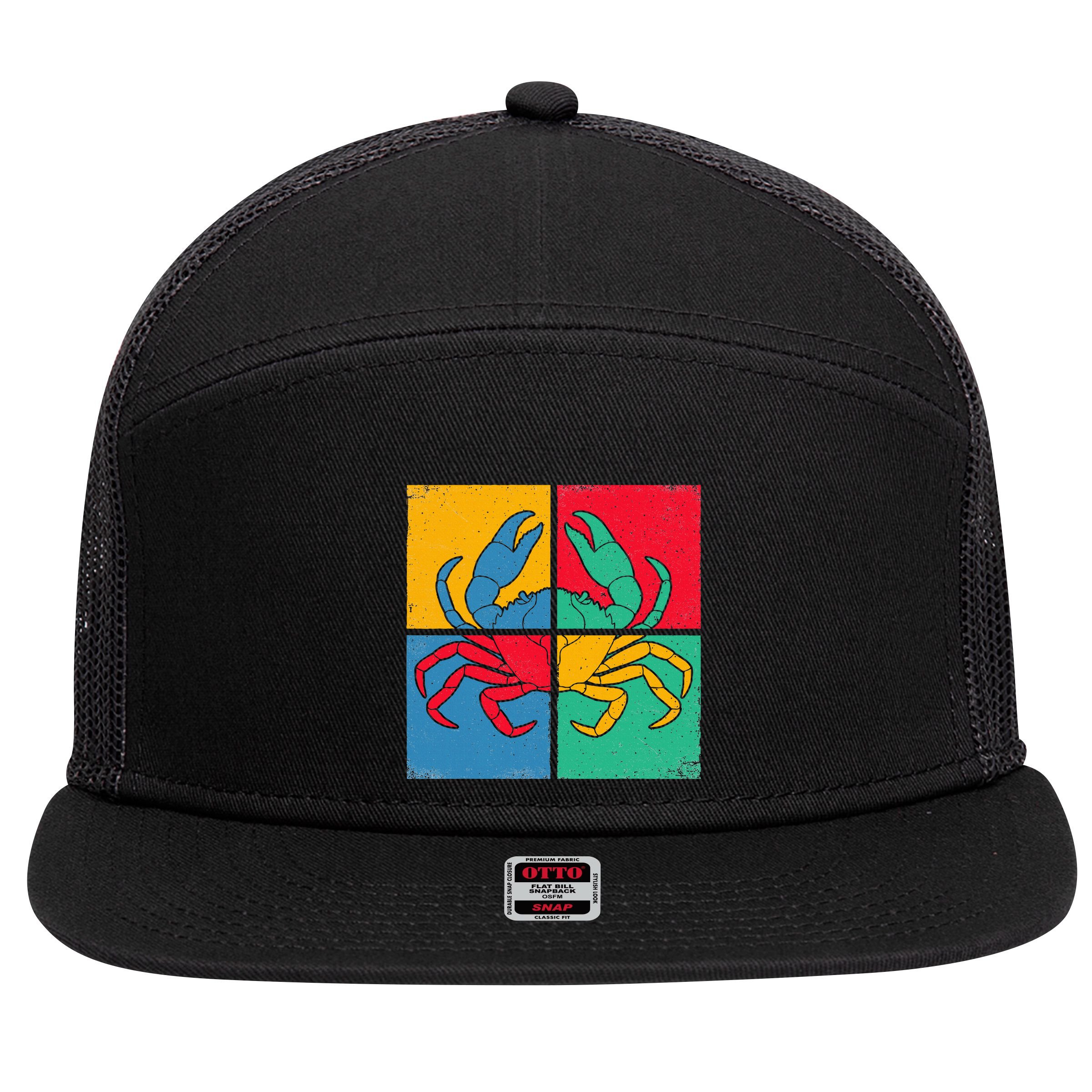 Retro Vintage Crab Crustacean Sea Seafood Crabber Crabbing 7 Panel Mesh Trucker Snapback Hat