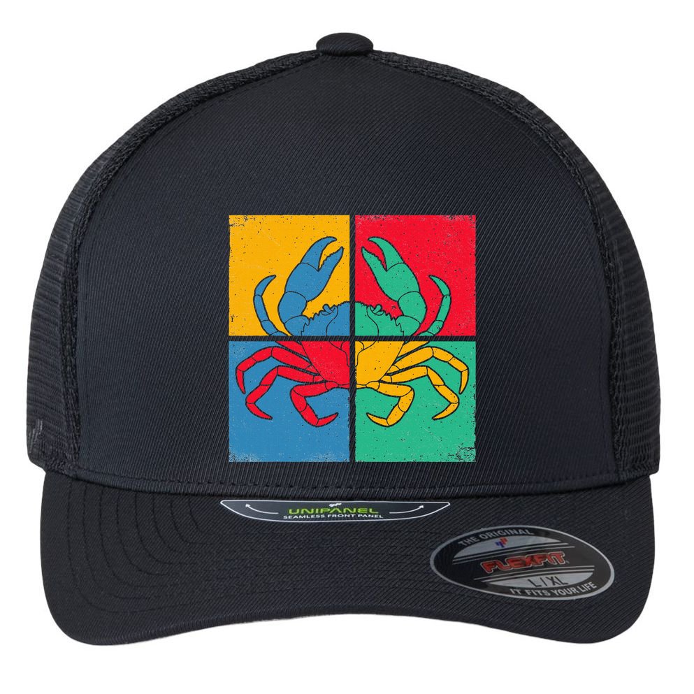 Retro Vintage Crab Crustacean Sea Seafood Crabber Crabbing Flexfit Unipanel Trucker Cap