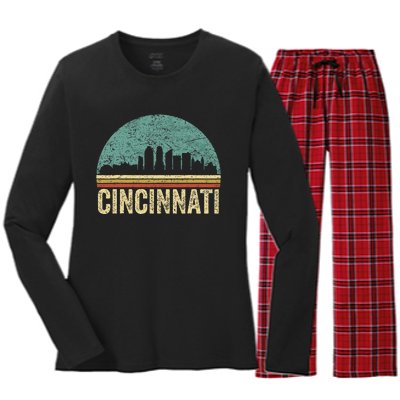 Retro Vintage Cincinnati Skyline 70s 80s Souvenir Women's Long Sleeve Flannel Pajama Set 