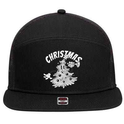 Retro Vintage Christmas Tree Cartoon Merry & Bright 7 Panel Mesh Trucker Snapback Hat