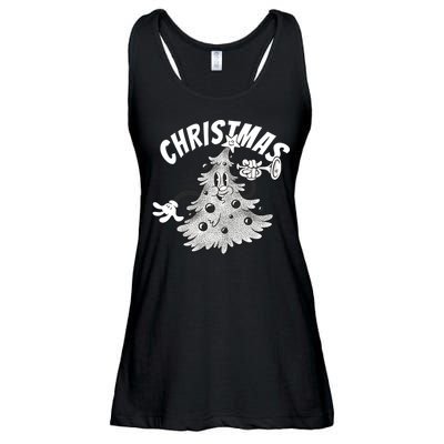 Retro Vintage Christmas Tree Cartoon Merry & Bright Ladies Essential Flowy Tank