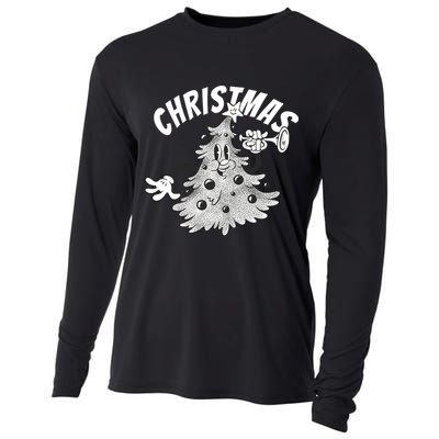 Retro Vintage Christmas Tree Cartoon Merry & Bright Cooling Performance Long Sleeve Crew