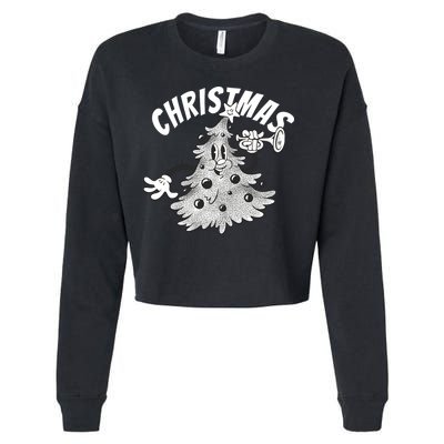 Retro Vintage Christmas Tree Cartoon Merry & Bright Cropped Pullover Crew