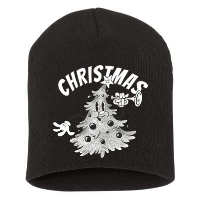 Retro Vintage Christmas Tree Cartoon Merry & Bright Short Acrylic Beanie