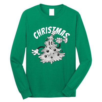 Retro Vintage Christmas Tree Cartoon Merry & Bright Long Sleeve Shirt