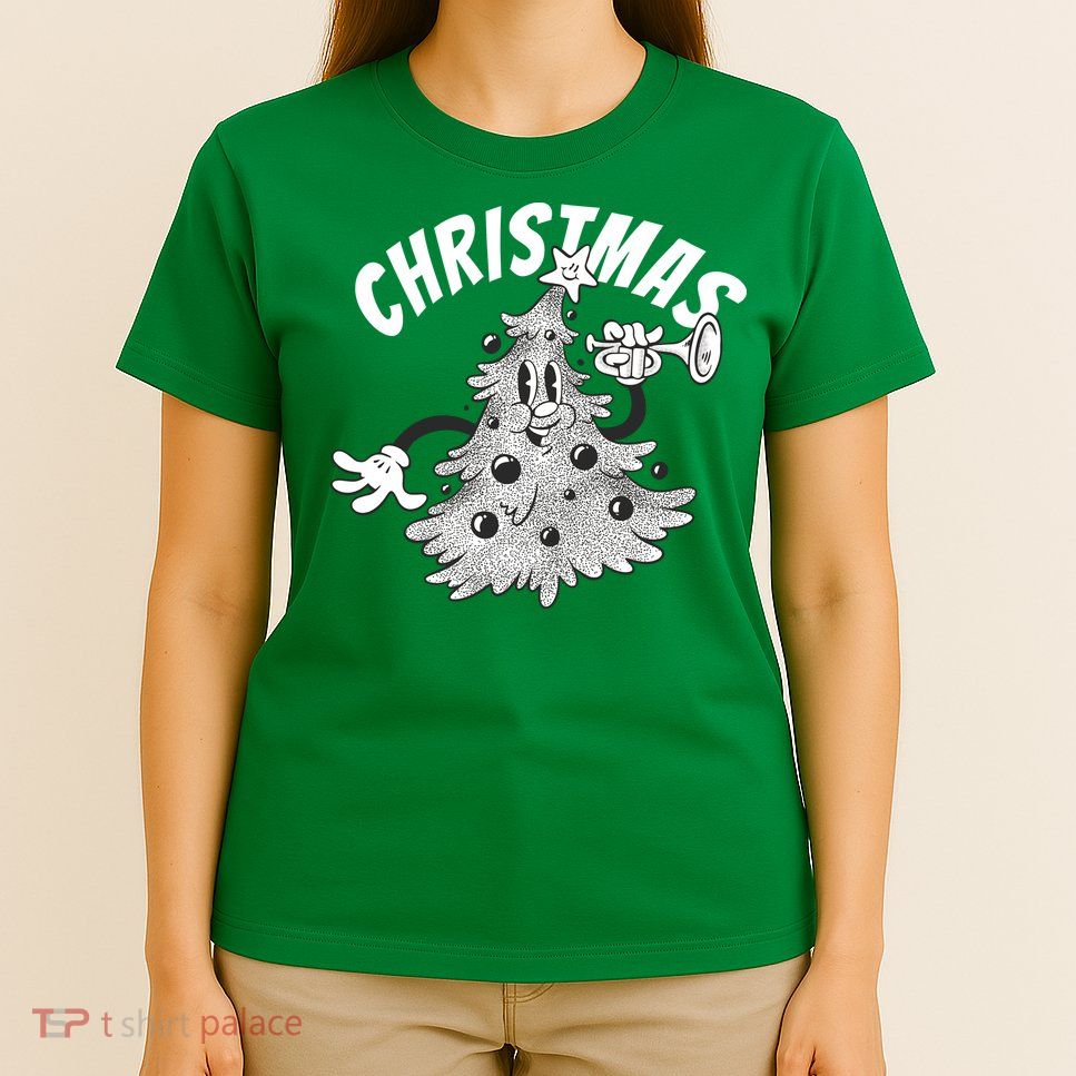 Retro Vintage Christmas Tree Cartoon Merry & Bright T-Shirt