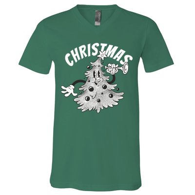 Retro Vintage Christmas Tree Cartoon Merry & Bright V-Neck T-Shirt