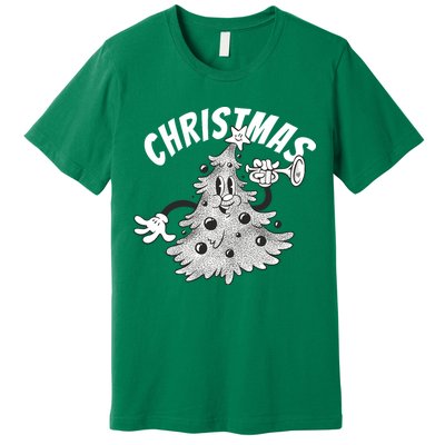 Retro Vintage Christmas Tree Cartoon Merry & Bright Premium T-Shirt