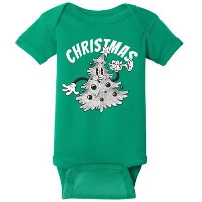 Retro Vintage Christmas Tree Cartoon Merry & Bright Baby Bodysuit