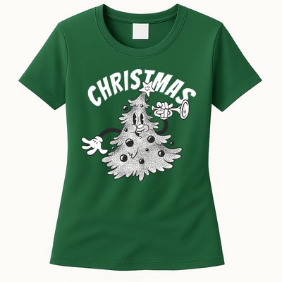 Retro Vintage Christmas Tree Cartoon Merry & Bright Womens T-Shirt