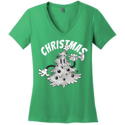 Retro Vintage Christmas Tree Cartoon Merry & Bright Women's V-Neck T-Shirt